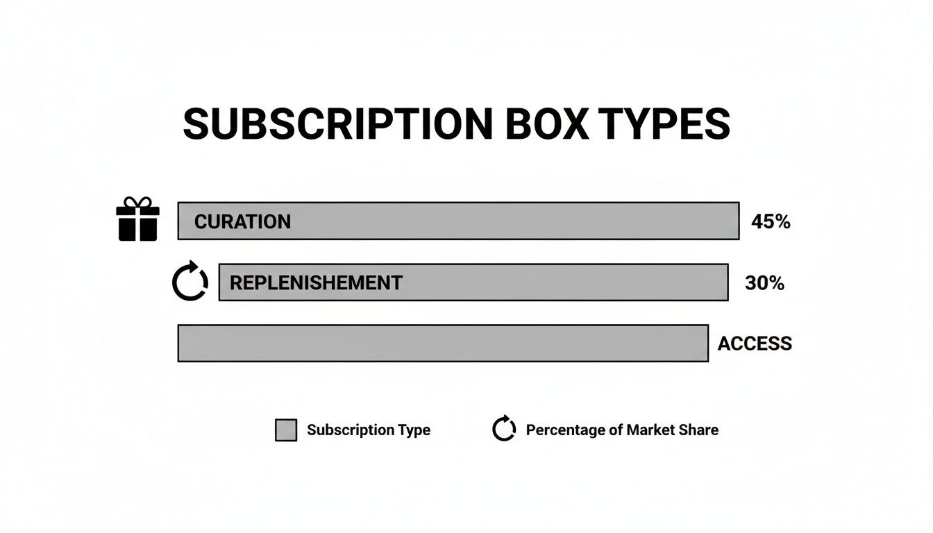 Bar chart showing market share for subscription box types: Curation 45%, Replenishment 30%, Access 25%.