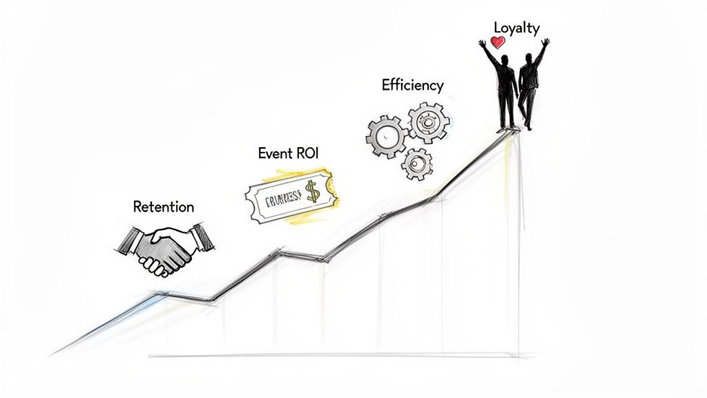 A rising graph showing how Retention, Event ROI, and Efficiency contribute to Customer Loyalty.