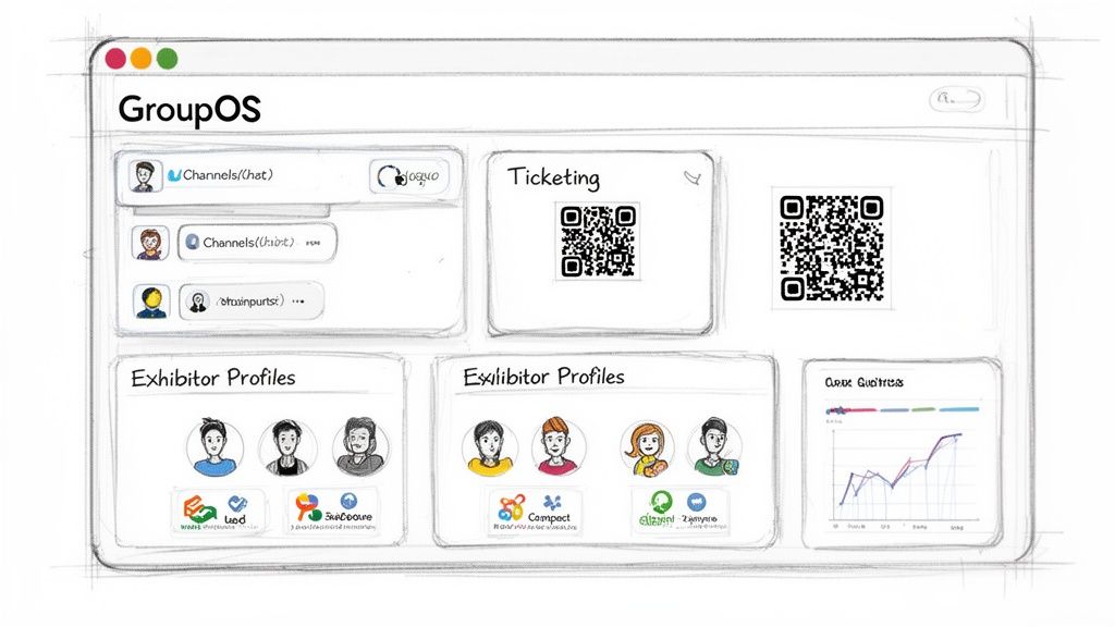 A wireframe sketch of the GroupOS platform, displaying chat channels, ticketing QR codes, exhibitor profiles, and a performance chart.