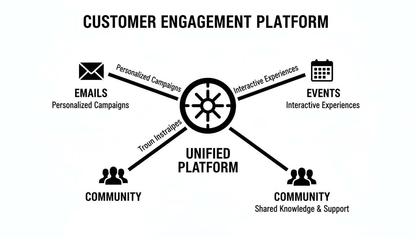 Diagram showing a customer engagement platform with a unified core connecting emails, events, and community.