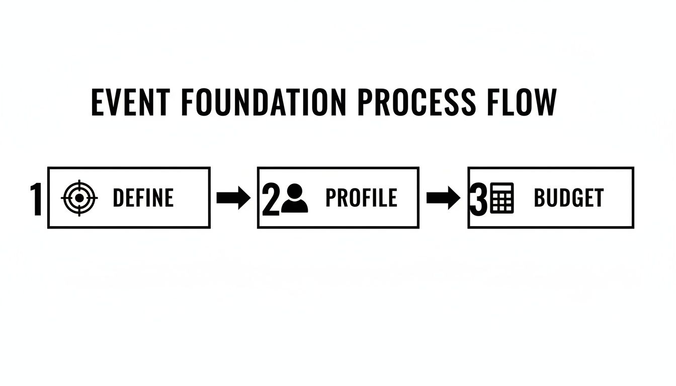 Event foundation process flow diagram showing three steps: Define (target), Profile (person), and Budget (calculator).
