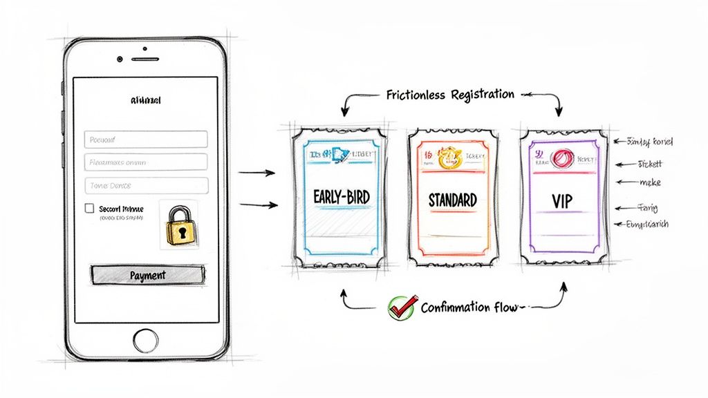 Mobile event registration form and a workflow displaying early-bird, standard, and VIP ticket options.