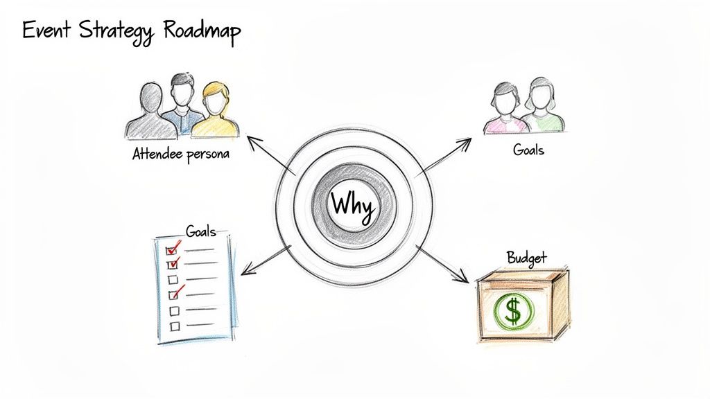 A hand-drawn Event Strategy Roadmap diagram with 'Why' at the center, linked to attendee persona, goals, and budget.