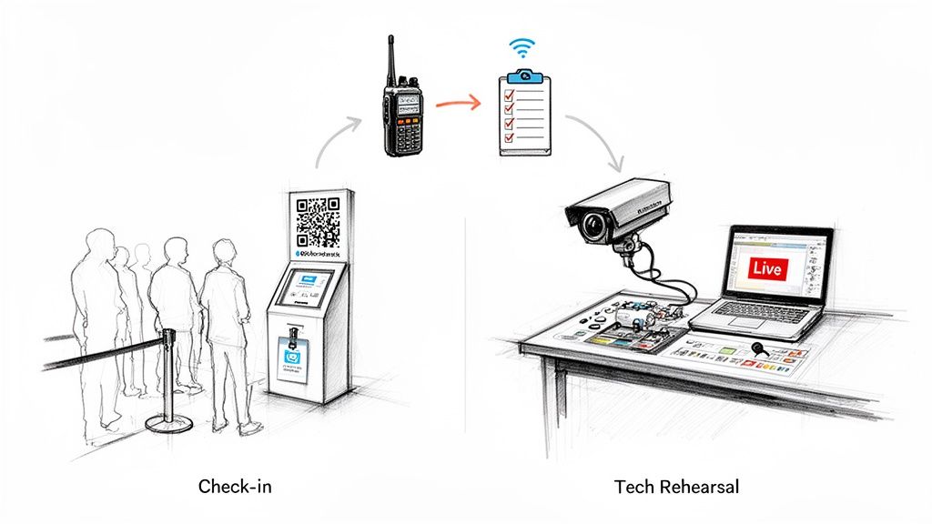 Illustration depicting event check-in with QR code kiosk and tech rehearsal with camera and laptop showing live feed.
