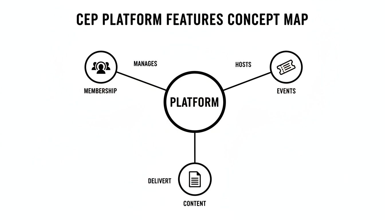Concept map illustrating the CEP platform's features: manages membership, hosts events, and delivers content.