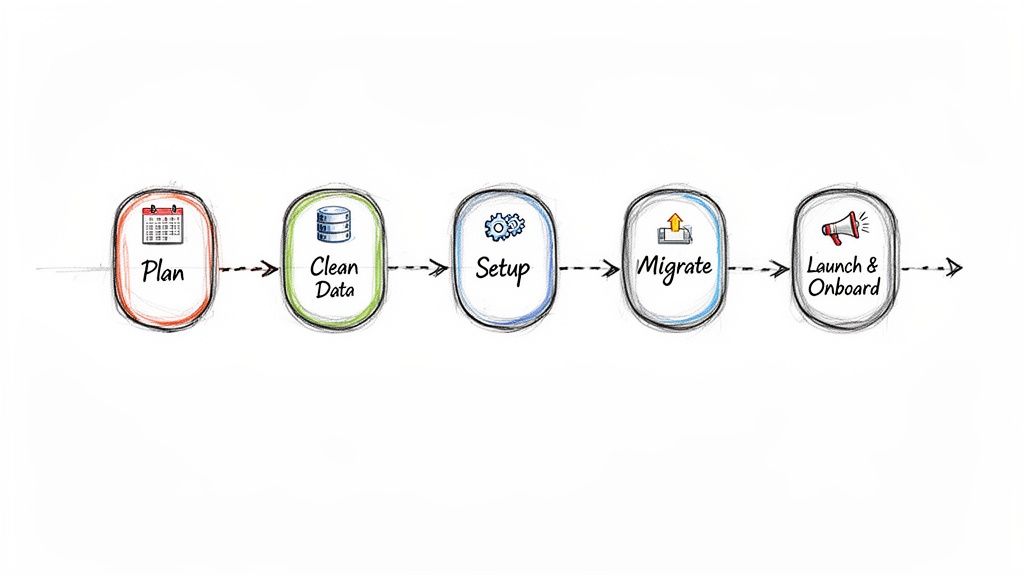 A five-step data migration process flow diagram showing Plan, Clean Data, Setup, Migrate, and Launch & Onboard.