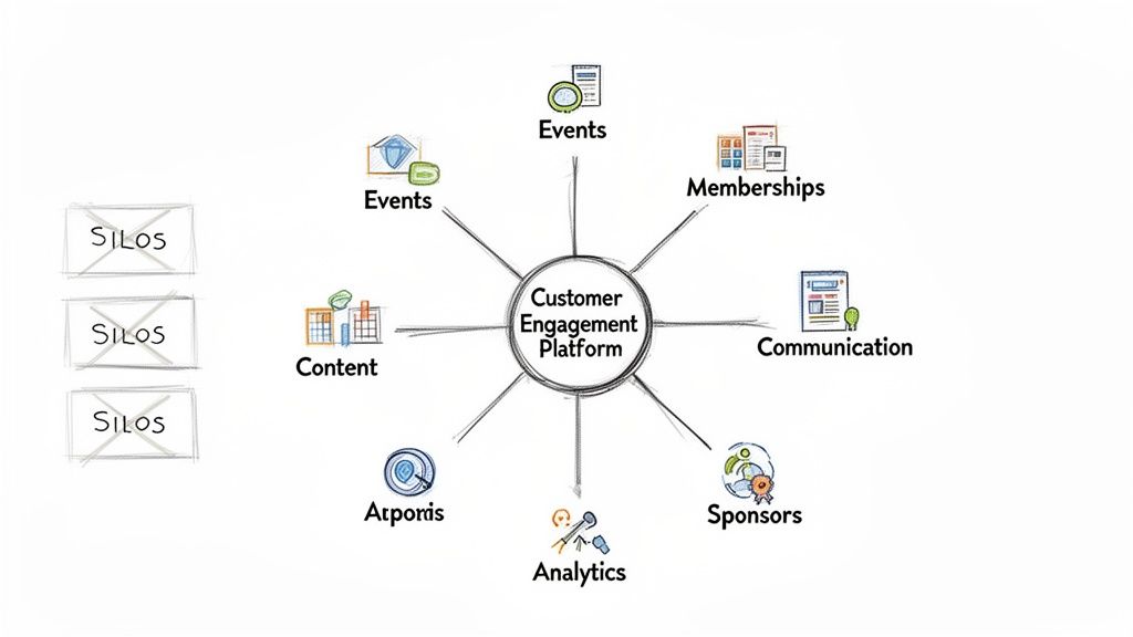 Infographic showing a Customer Engagement Platform as a hub integrating events, memberships, communication, content, analytics, and sponsors, breaking down silos.