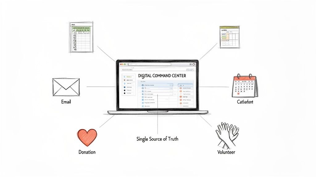A digital command center laptop acts as a single source of truth for email, donations, and volunteer management.