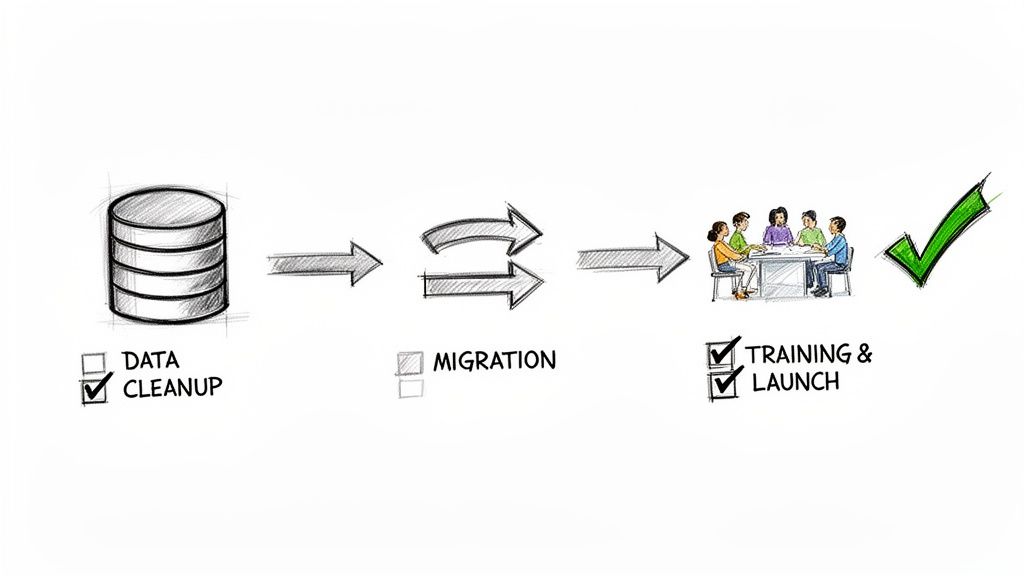 Diagram illustrating data cleanup, migration, training, and launch steps with completion indicators.