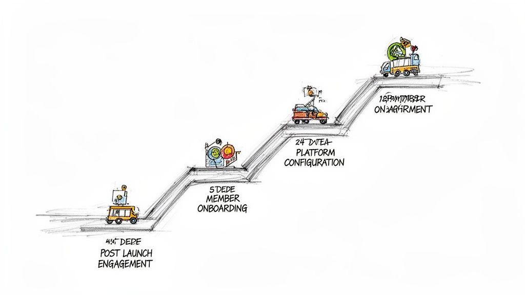 Conceptual roadmap with vehicles on a stepped path, showing various project milestones and engagements.