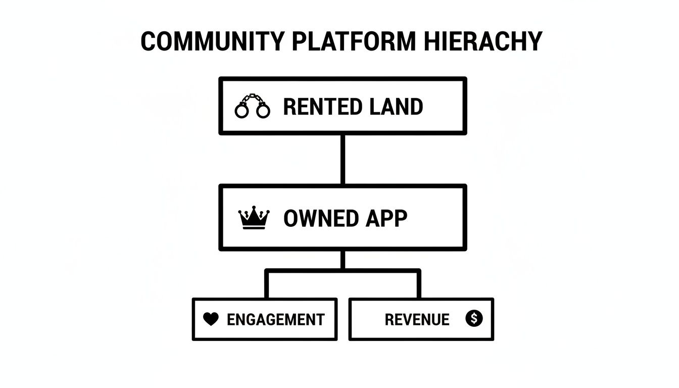 A diagram illustrating the Community Platform Hierarchy from Rented Land to Owned App, leading to Engagement and Revenue.