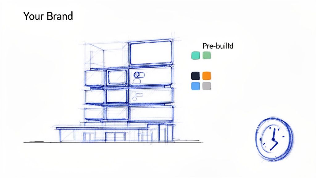 Architectural sketch of a modular building with 'Your Brand' and 'Pre-built' text, color swatches, and a clock.