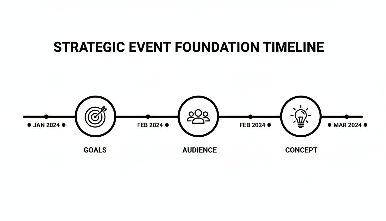 A strategic event foundation timeline illustrating goals, audience, and concept stages from January to March 2024.