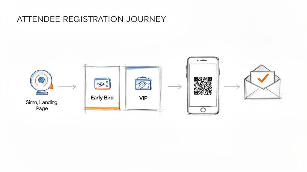 Flowchart illustrating an attendee registration journey from a landing page through early bird and VIP tickets to QR code and email confirmation.