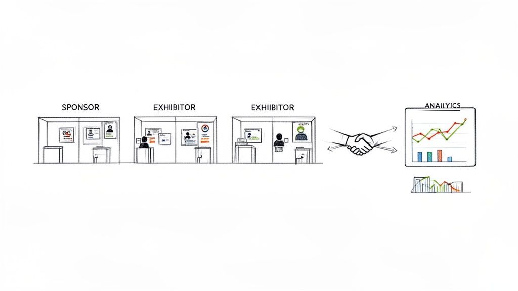 Illustration depicting event booths for sponsors and exhibitors, handshakes, and event analytics charts.