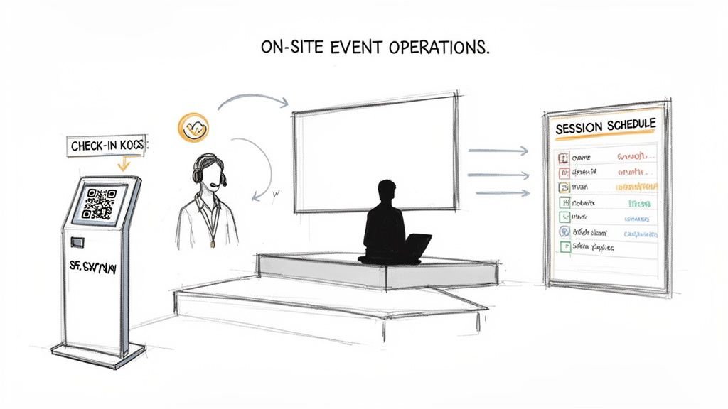 A sketch illustrating on-site event operations with a check-in kiosk, support staff, presenter, and session schedule.