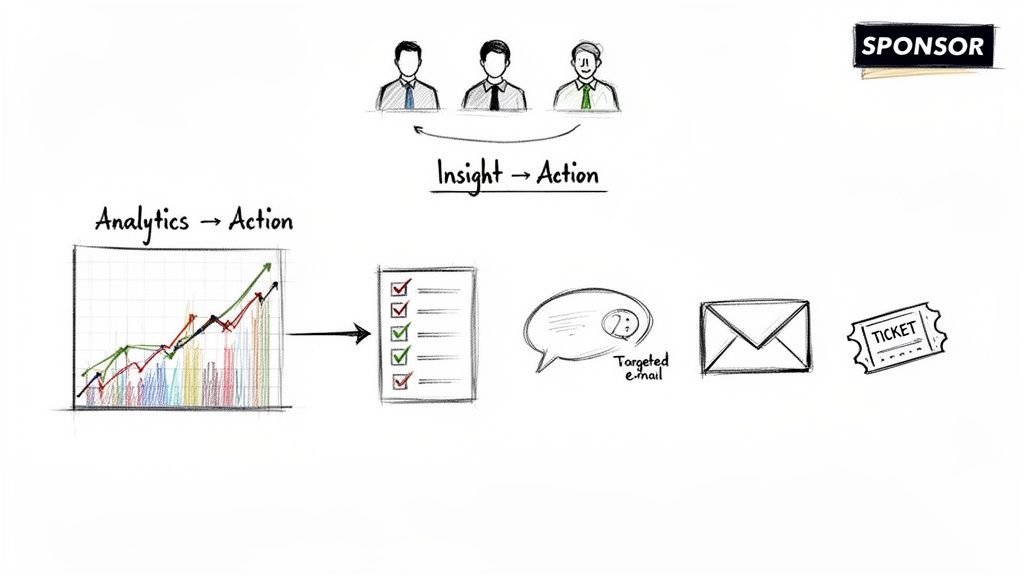 Sketch illustrating the analytics to action workflow, showing data, insights, targeted email marketing, and tickets.