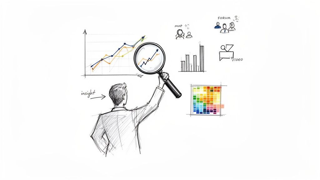 Hand-drawn illustration of a person analyzing growth charts and data with a magnifying glass, gaining insights.