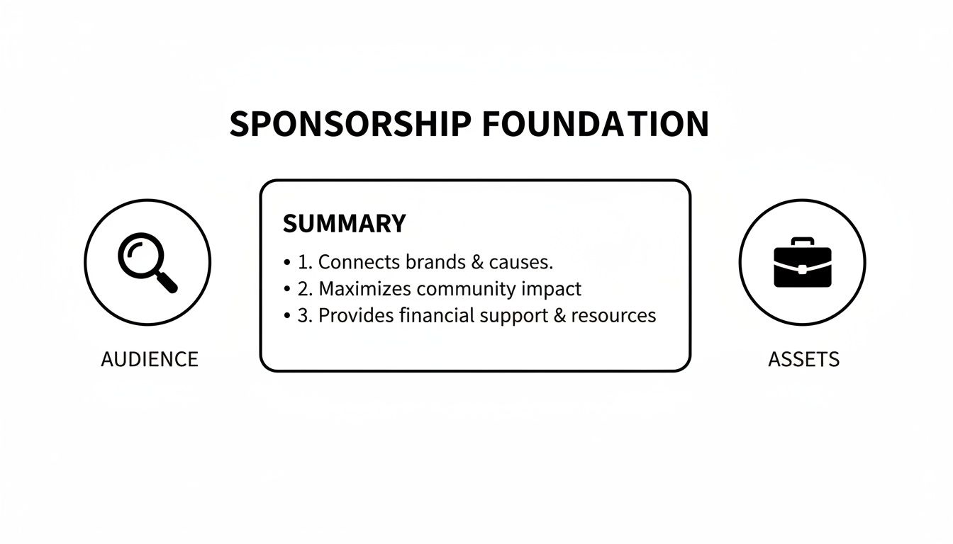 A diagram outlining a sponsorship foundation, connecting audience, assets, and summarizing its key benefits.