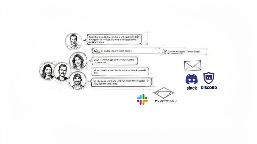 Sketch of people's avatars, chat bubbles with text, and logos for Slack, Discord, and email.