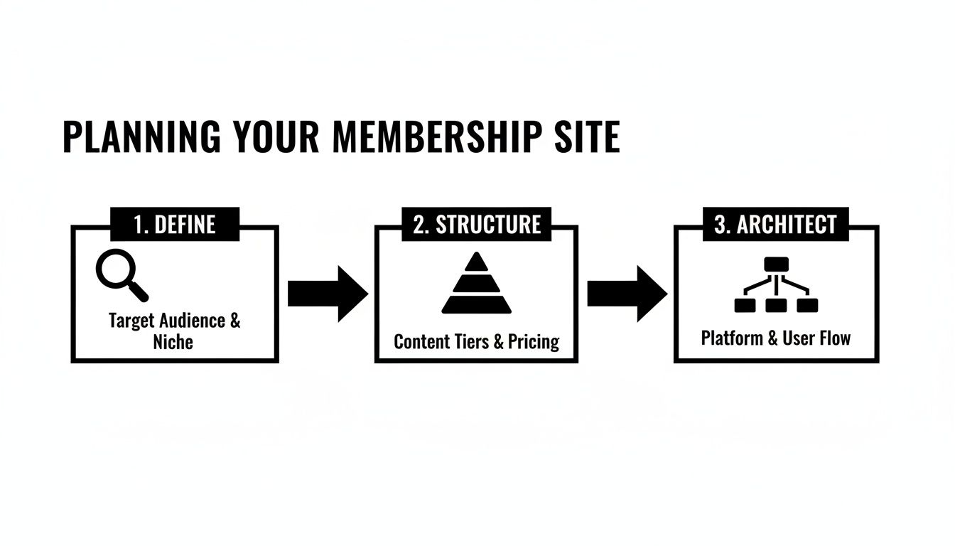 A three-step visual guide to planning your membership site: Define, Structure, and Architect.
