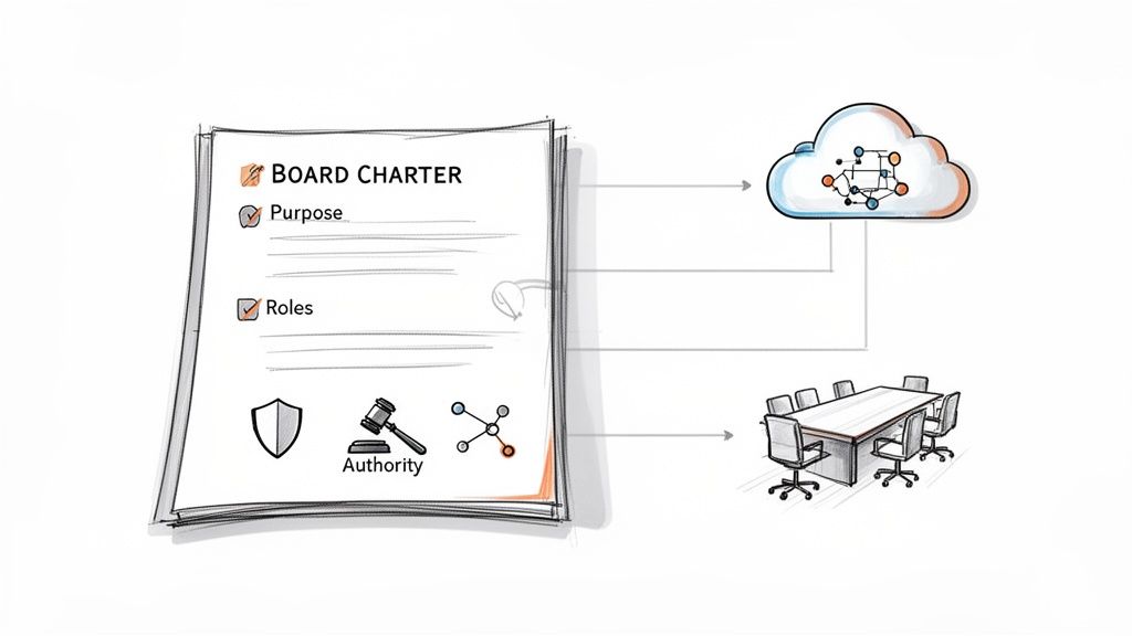 Diagram illustrating a board charter document with purpose and roles, linked to cloud data and a conference room.