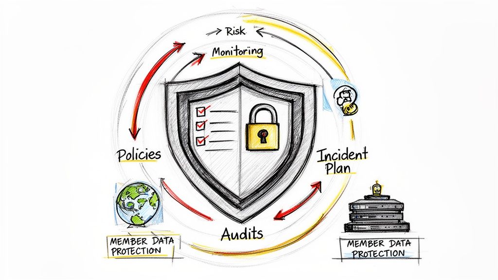 Diagram illustrating member data protection through policies, monitoring, incident planning, and audits around a security shield.
