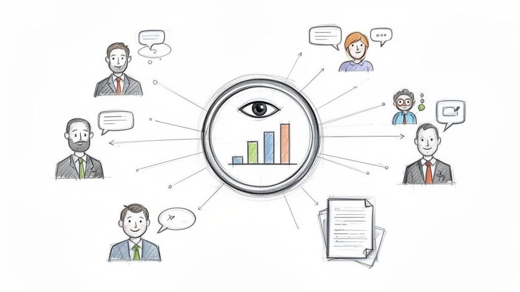 Diagram showing central data analysis and oversight, connected to multiple stakeholders and documents, symbolizing board governance.