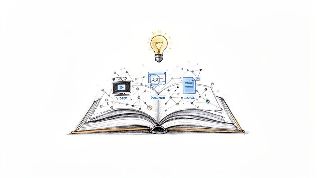 An open book illustrating interconnected digital learning resources like video, documents, and courses, with a lightbulb representing ideas.