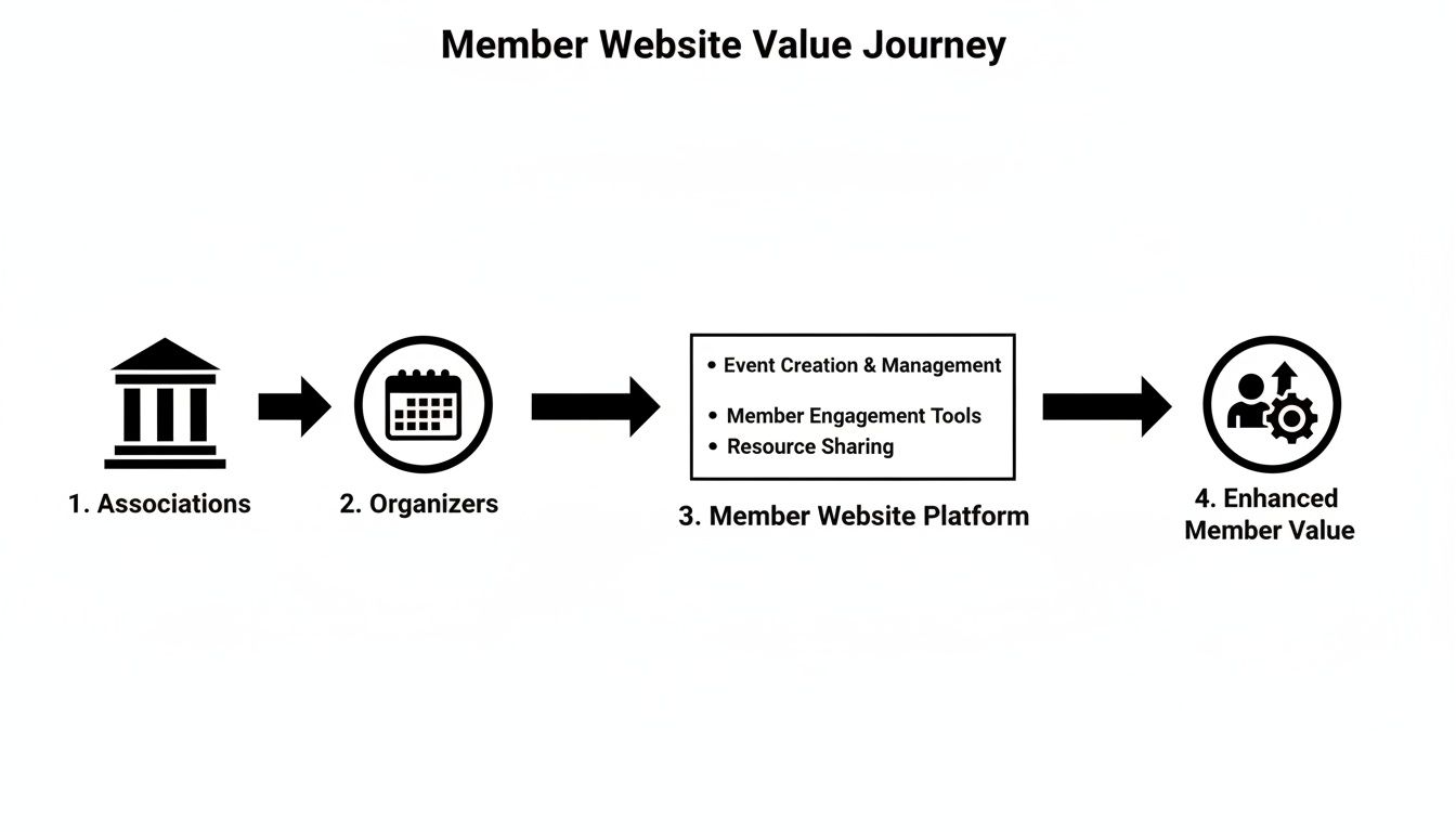 A diagram illustrating the Member Website Value Journey, showing the flow from associations to enhanced member value.