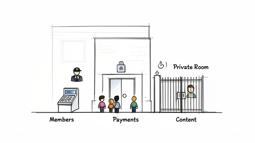 A diagram illustrates a membership website, separating members, payments, and private content access.