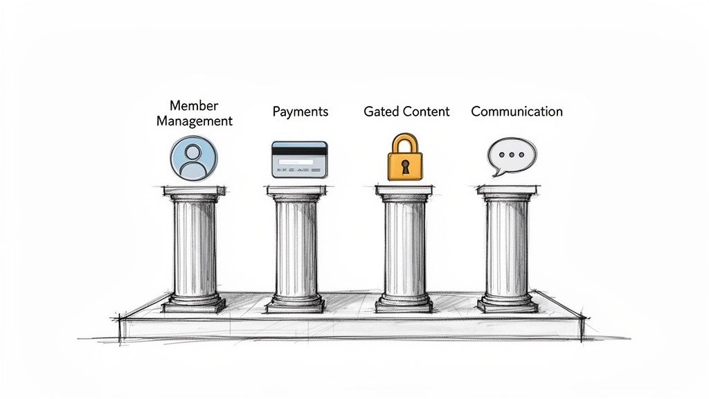 Four pillars representing essential components of a membership website: member management, payments, gated content, and communication.