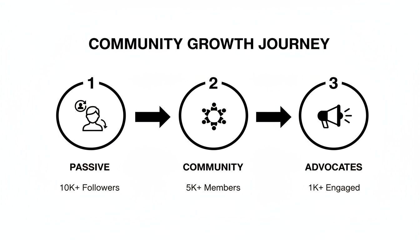 Diagram showing the community growth journey from passive followers to engaged advocates in three stages.