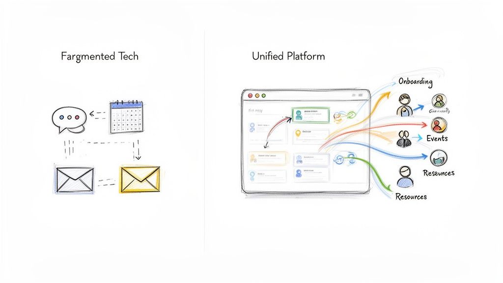 Illustration contrasting disconnected apps with a unified platform for community features like onboarding and events.