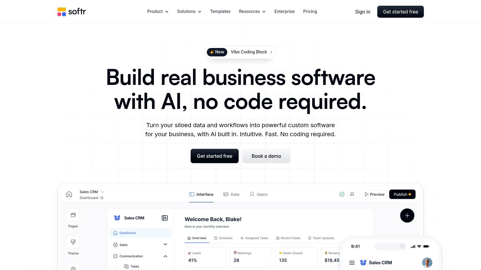 Softr dashboard showing no-code app building interface