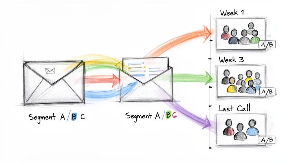 Visualizing an email campaign strategy with audience segments, A/B testing, and follow-ups for event promotion.
