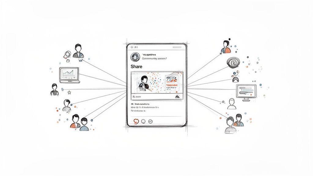 A sketch illustrating a social media post being shared across various users and devices.
