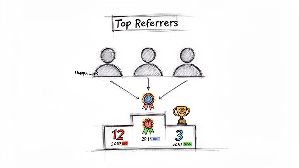 Sketch illustrating a referral program with top referrers using unique links and a ranking podium.