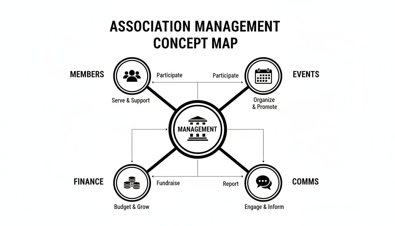 An association management concept map shows central management connected to members, events, comms, and finance functions.