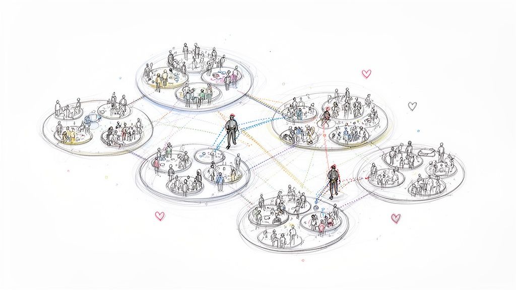 A colorful hand-drawn diagram illustrating a complex social network of interconnected communities.