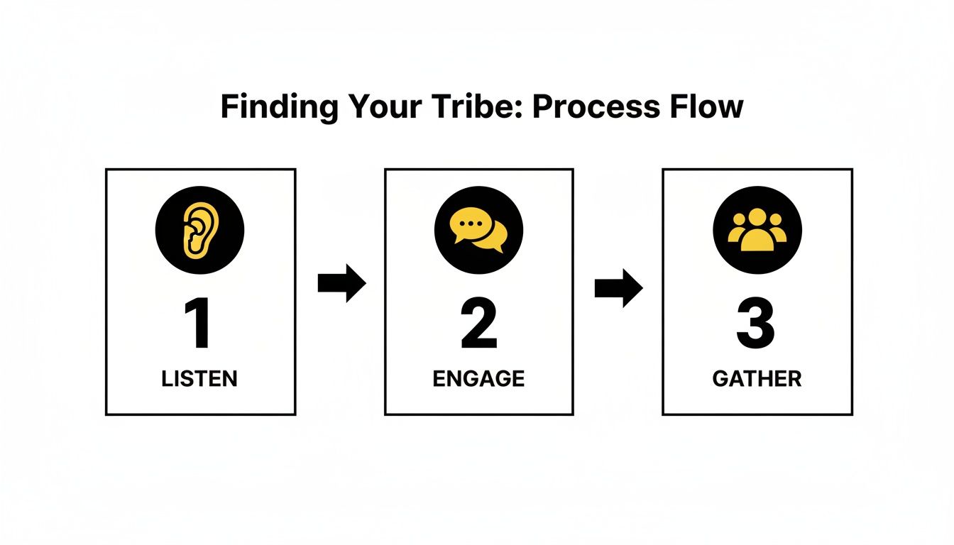 Process flow diagram for finding your tribe, showing three steps: listen, engage, and gather.
