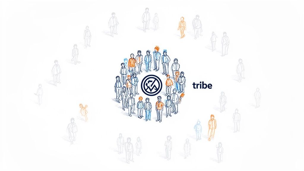 Illustration of diverse people forming a vibrant blue and orange community circle around a logo, with more individuals outside.