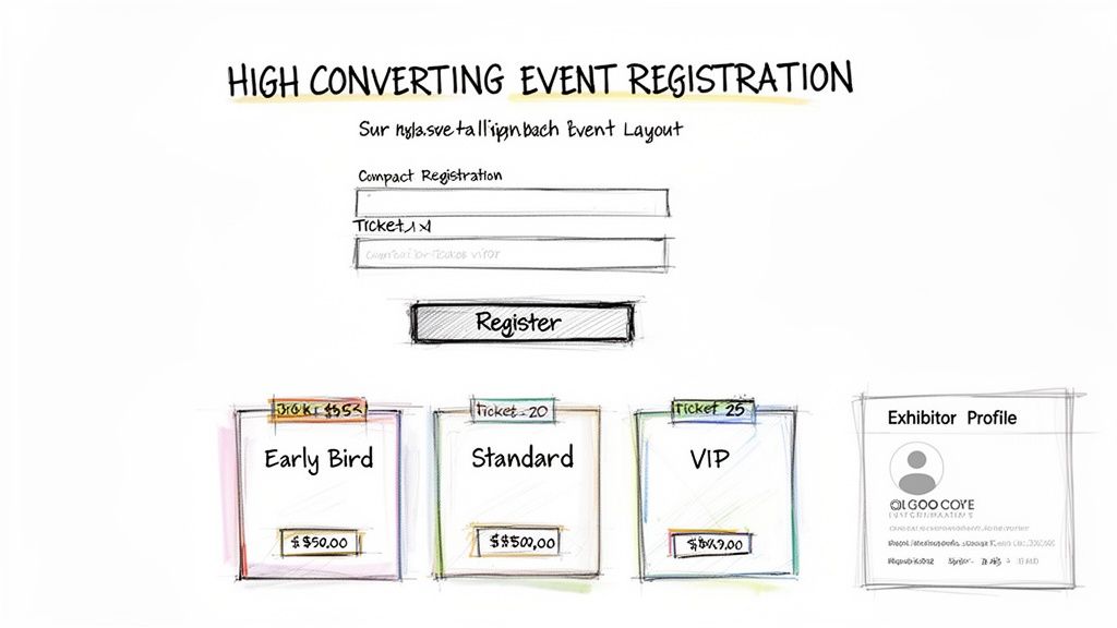 Hand-drawn sketch of a high-converting event registration page showing compact form and ticket options.