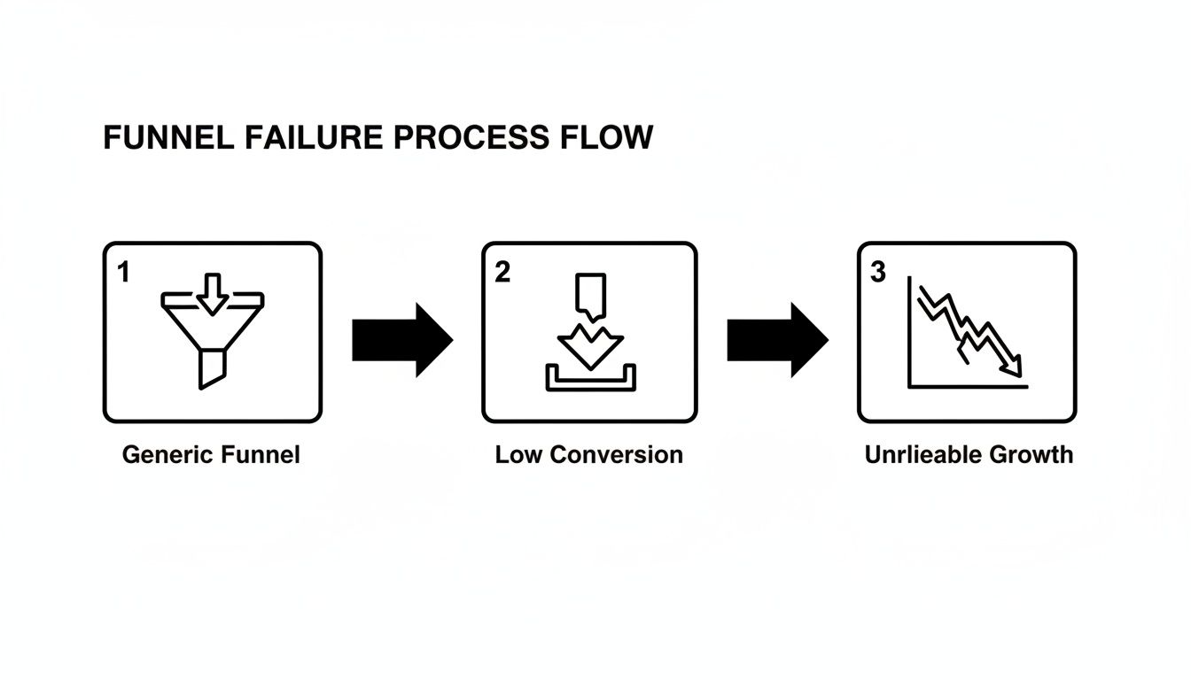 A process flow diagram illustrating funnel failure, showing generic funnel, low conversion, and unreliable growth.