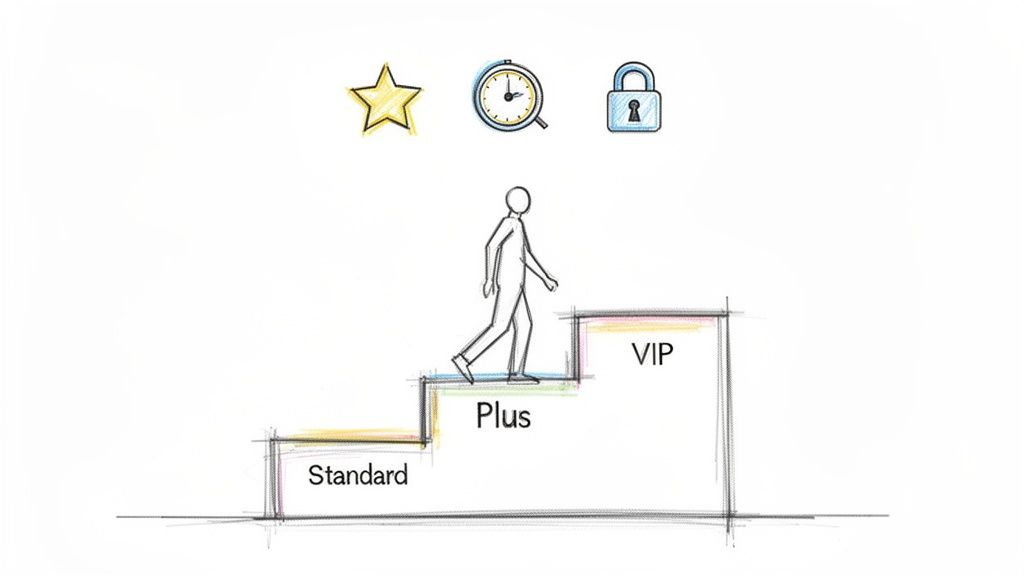 A person ascends a staircase labeled 'Standard', 'Plus', and 'VIP', depicting a tiered progression system.
