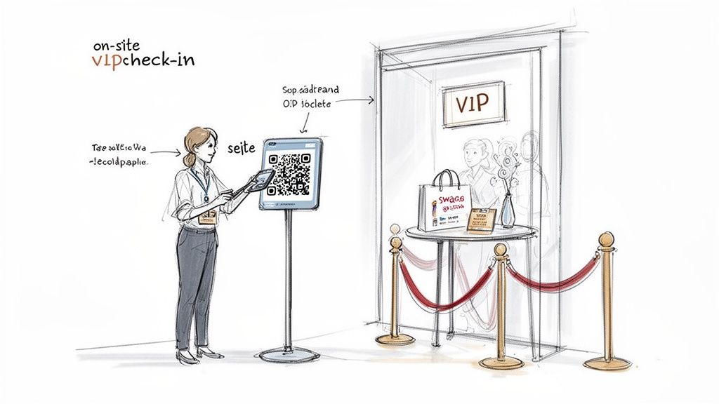 A woman checks in using a tablet to scan a QR code at an on-site VIP event registration.