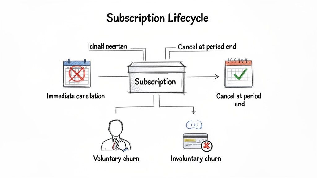 A diagram illustrates the subscription lifecycle, showing immediate cancellation, period-end cancellation, voluntary, and involuntary churn.