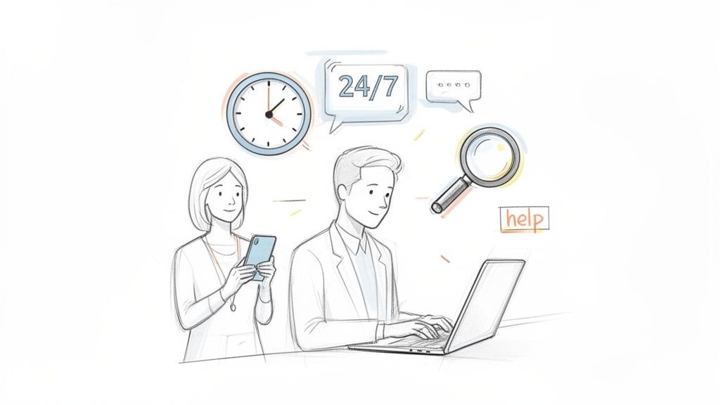 Two people interact with digital devices surrounded by icons representing 24/7 customer service and help.