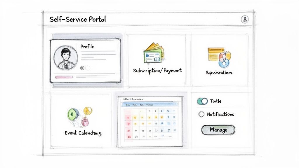 Hand-drawn sketch of a self-service portal with profile, subscriptions, event calendar, and settings.