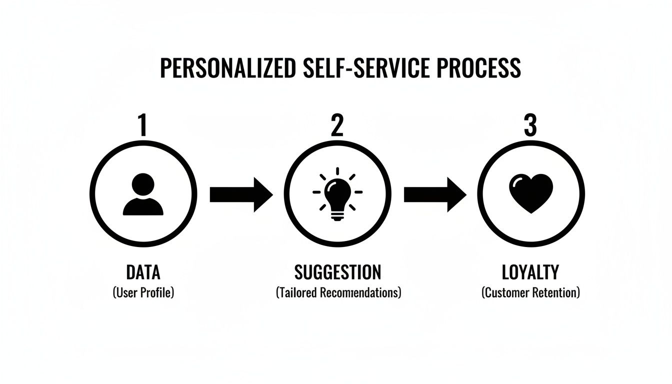 Flowchart illustrating a personalized self-service process: Data (User Profile) to Suggestions (Recommendations) to Loyalty (Customer Retention).